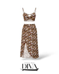 Brown floral crop top and matching maxi skirt set with front slit and layered detailing