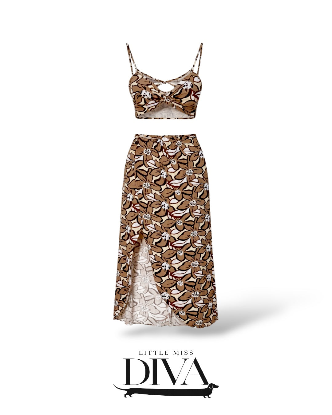 Brown floral crop top and matching maxi skirt set with front slit and layered detailing