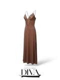 Brown lace-trim maxi dress with spaghetti straps and fluid silhouette