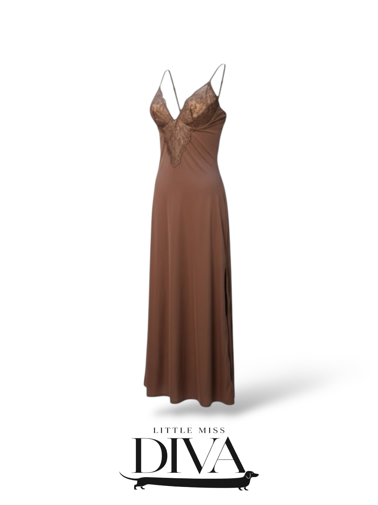 Brown lace-trim maxi dress with spaghetti straps and fluid silhouette