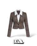 Brown plaid cropped blazer with fitted waist and button front