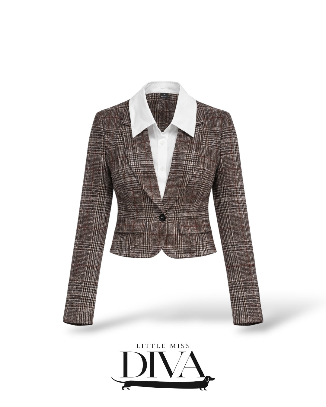 Brown plaid cropped blazer with fitted waist and button front