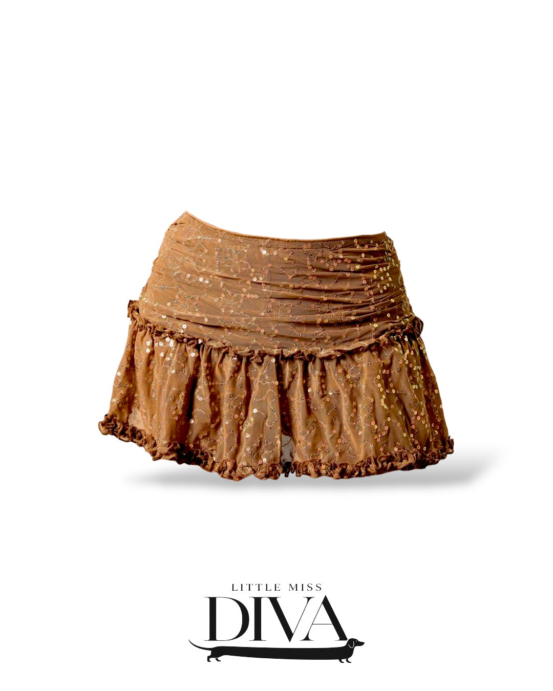 Brown ruched mini skirt with ruffle hem and subtle sequin detailing