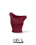 Burgundy one-shoulder fitted top with asymmetrical neckline and gold ring strap detail for elevated statement styling