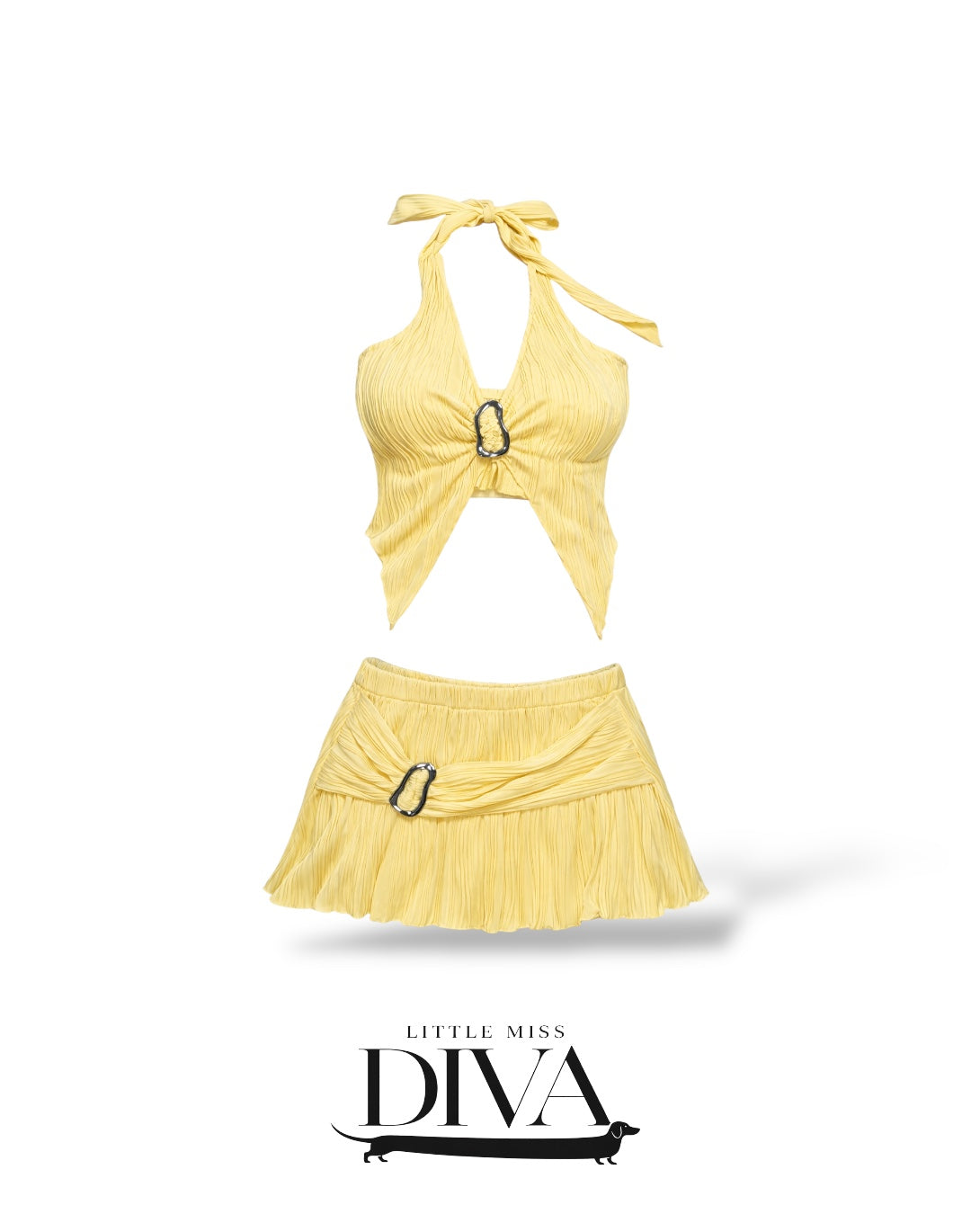Yellow halter two-piece mini set with textured fabric and decorative buckle detail
