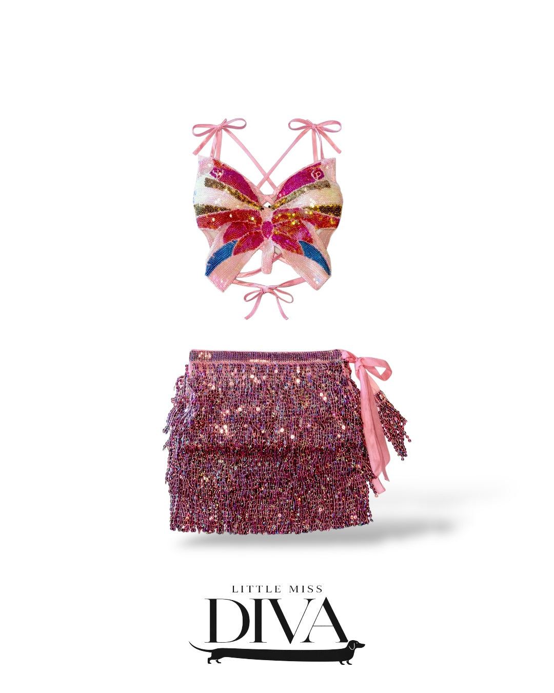 Butterfly sequin two-piece mini set with tie-strap top and fringe skirt