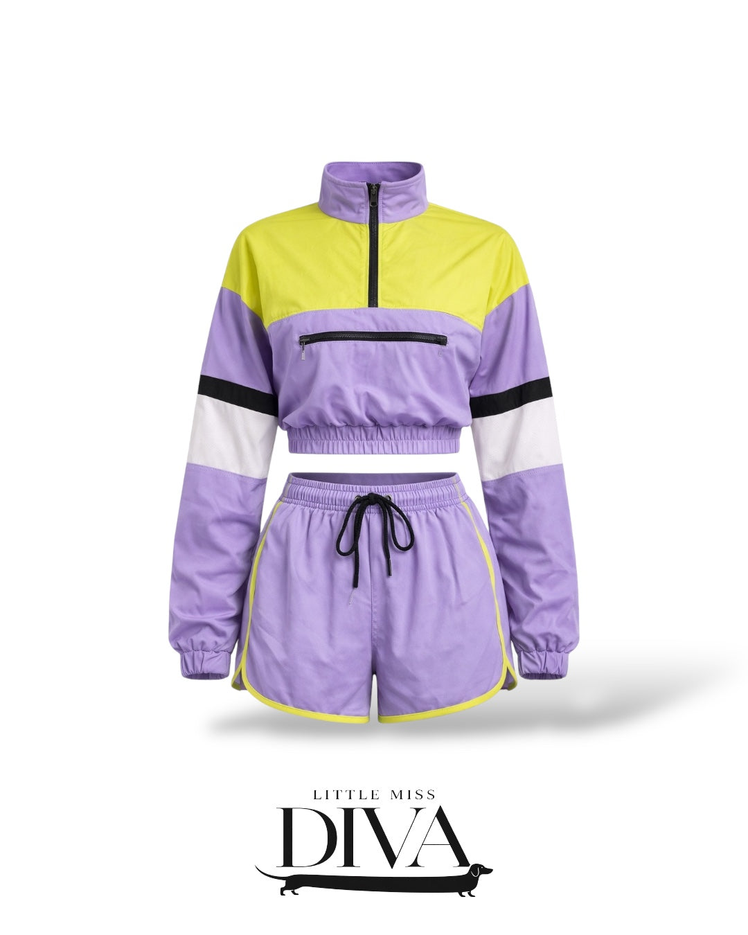 Purple and yellow colorblock two-piece set featuring cropped zip-up windbreaker and matching drawstring shorts