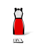 Red black and white colorblock mini dress with fitted silhouette