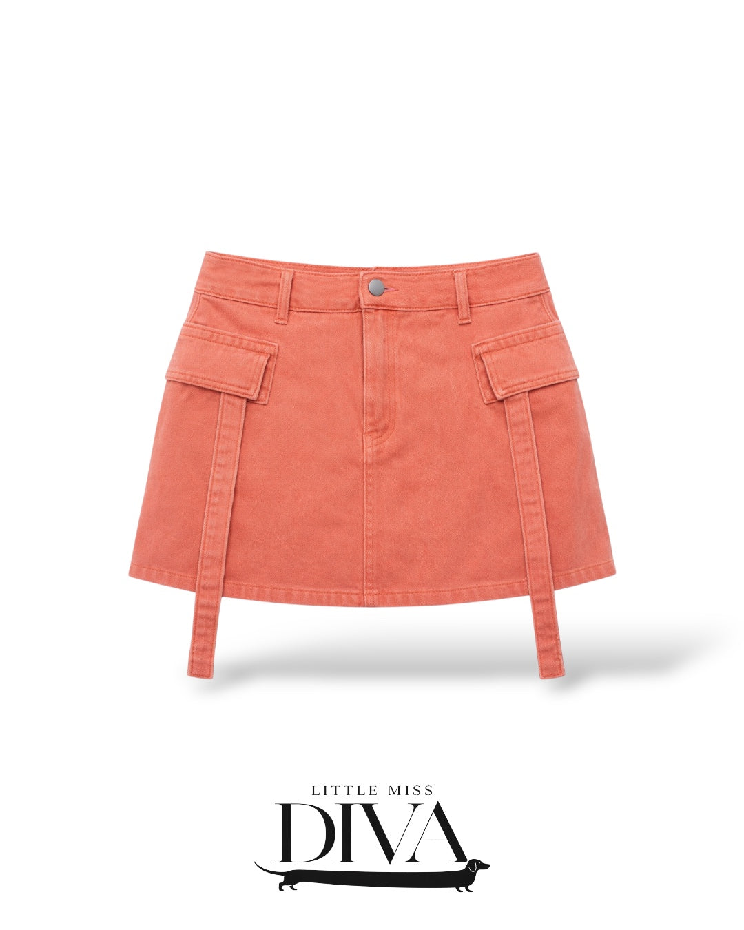 Coral utility mini skirt with cargo pockets and adjustable strap details