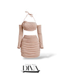 Dusty pink ruched two-piece mini set with halter crop top and fitted skirt