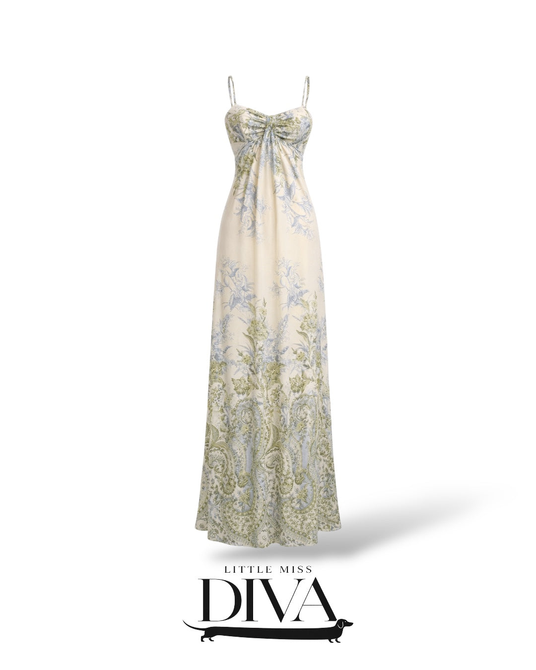 Cream floral print maxi dress with ruched bust detail, spaghetti straps, and flowing silhouette