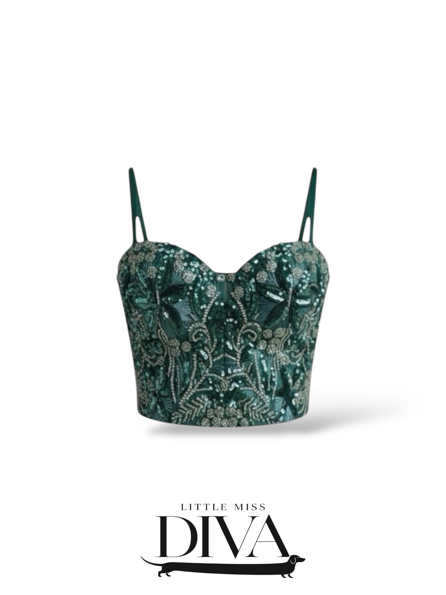 Green embellished bustier top with intricate bead detailing and fitted silhouette