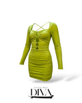 Green ruched mini dress with long sleeves and front cutout detailing