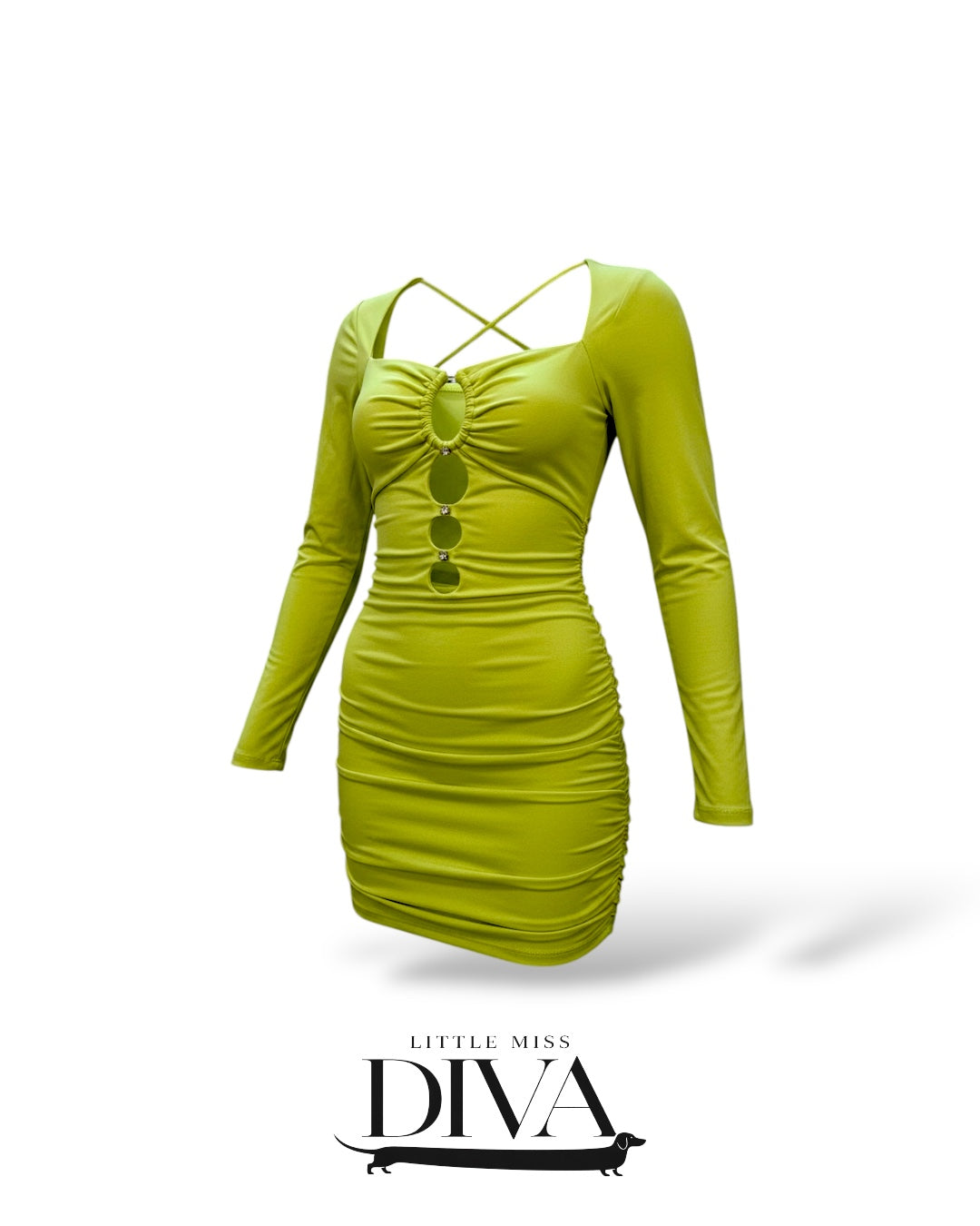 Green ruched mini dress with long sleeves and front cutout detailing
