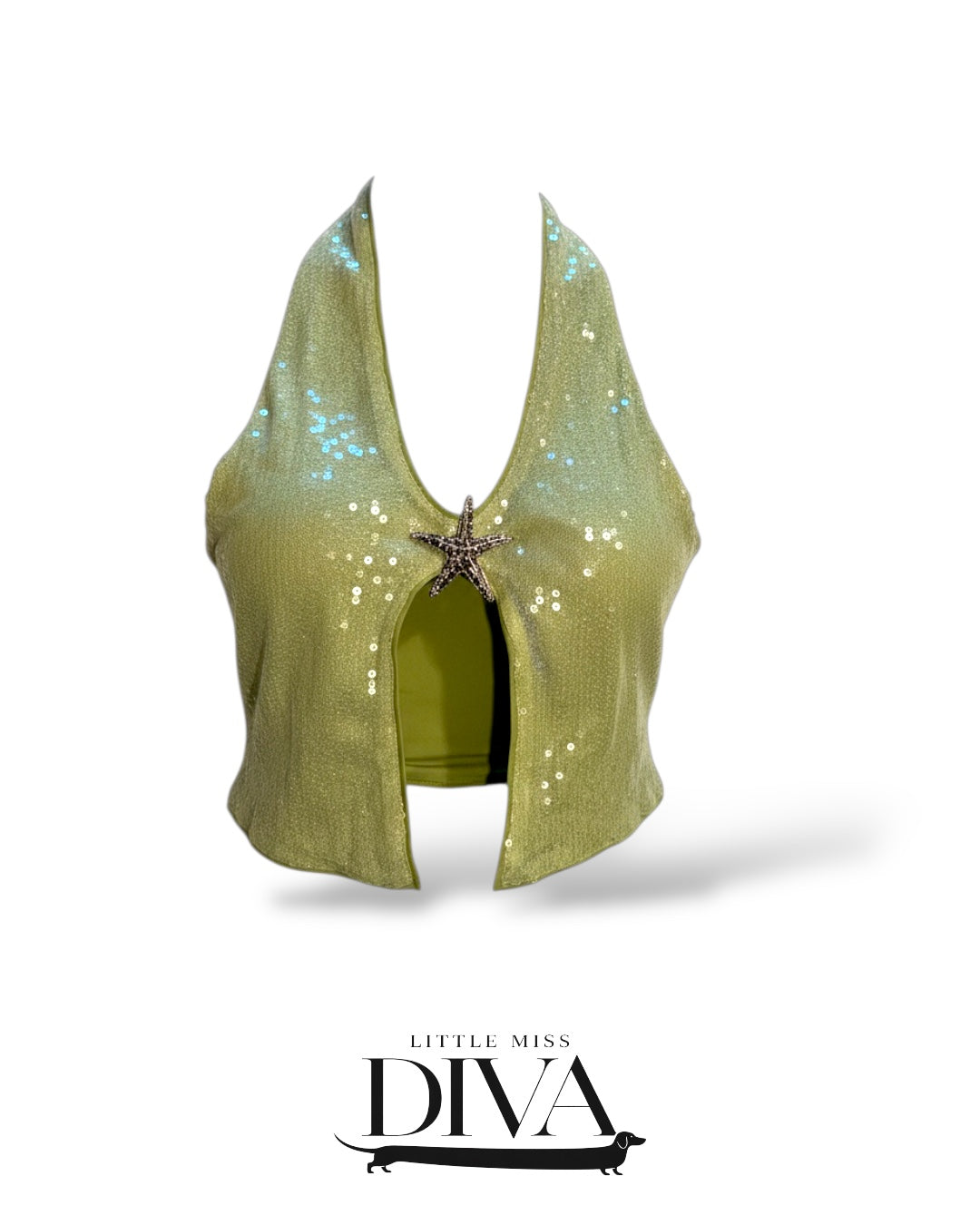 Green sequin halter top with front cutout and star embellishment