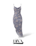 Grey printed slip midi dress with abstract animal pattern and fitted silhouette