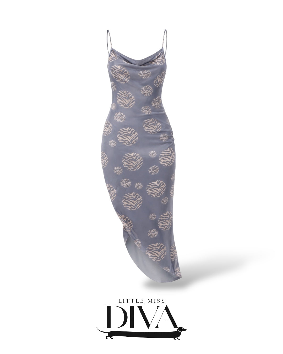Grey printed slip midi dress with abstract animal pattern and fitted silhouette
