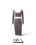 Grey ruched two-piece set with long sleeve crop top and midi skirt
