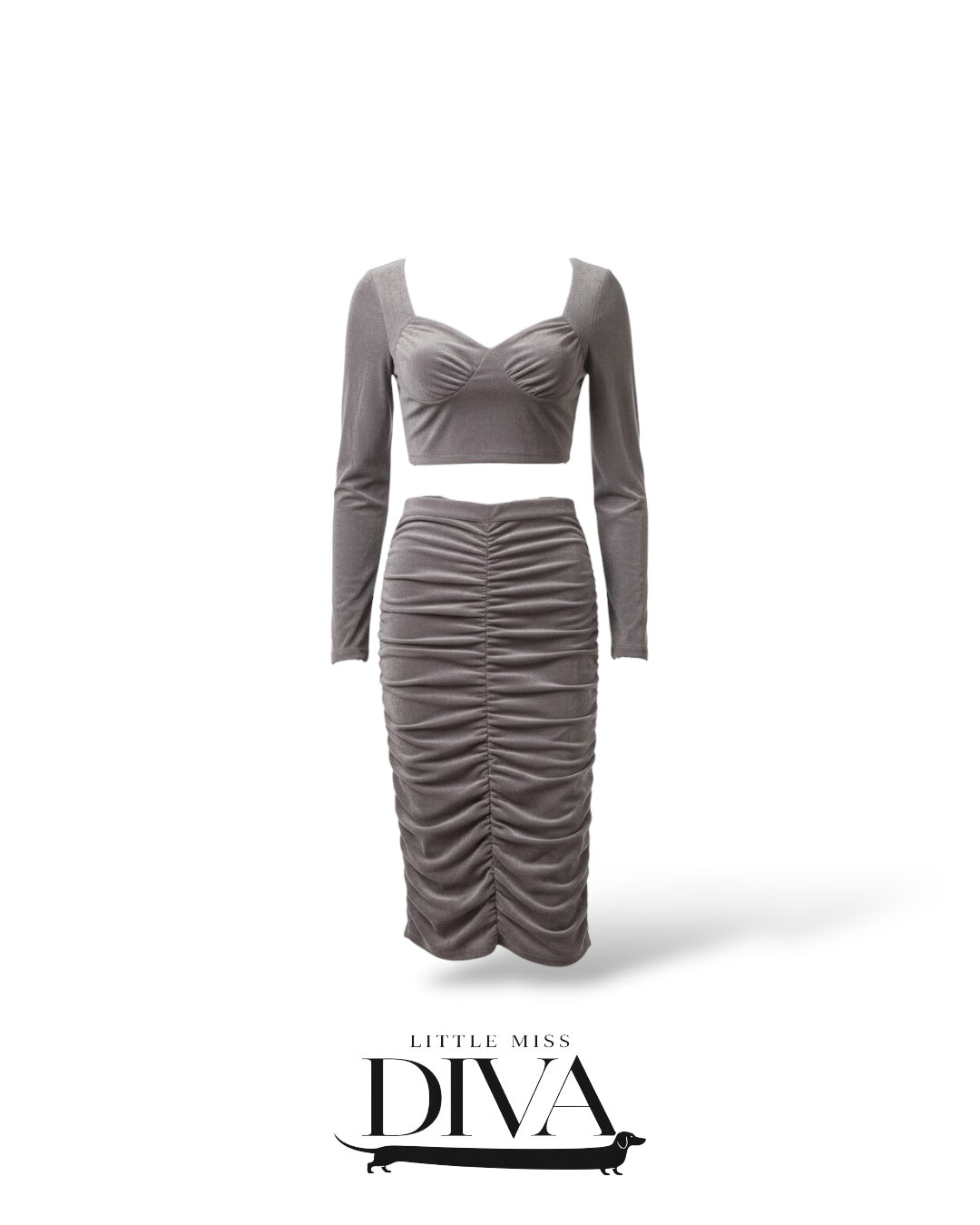 Grey ruched two-piece set with long sleeve crop top and midi skirt