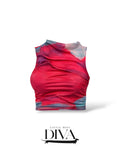 Hot pink abstract print sleeveless top with ruched detailing and fitted silhouette