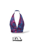 Jean and magenta halter top with metallic grommet detailing and plunging neckline
