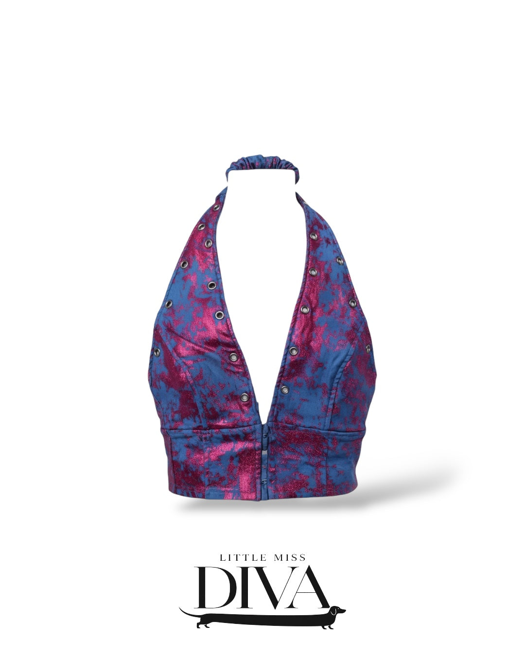 Jean and magenta halter top with metallic grommet detailing and plunging neckline