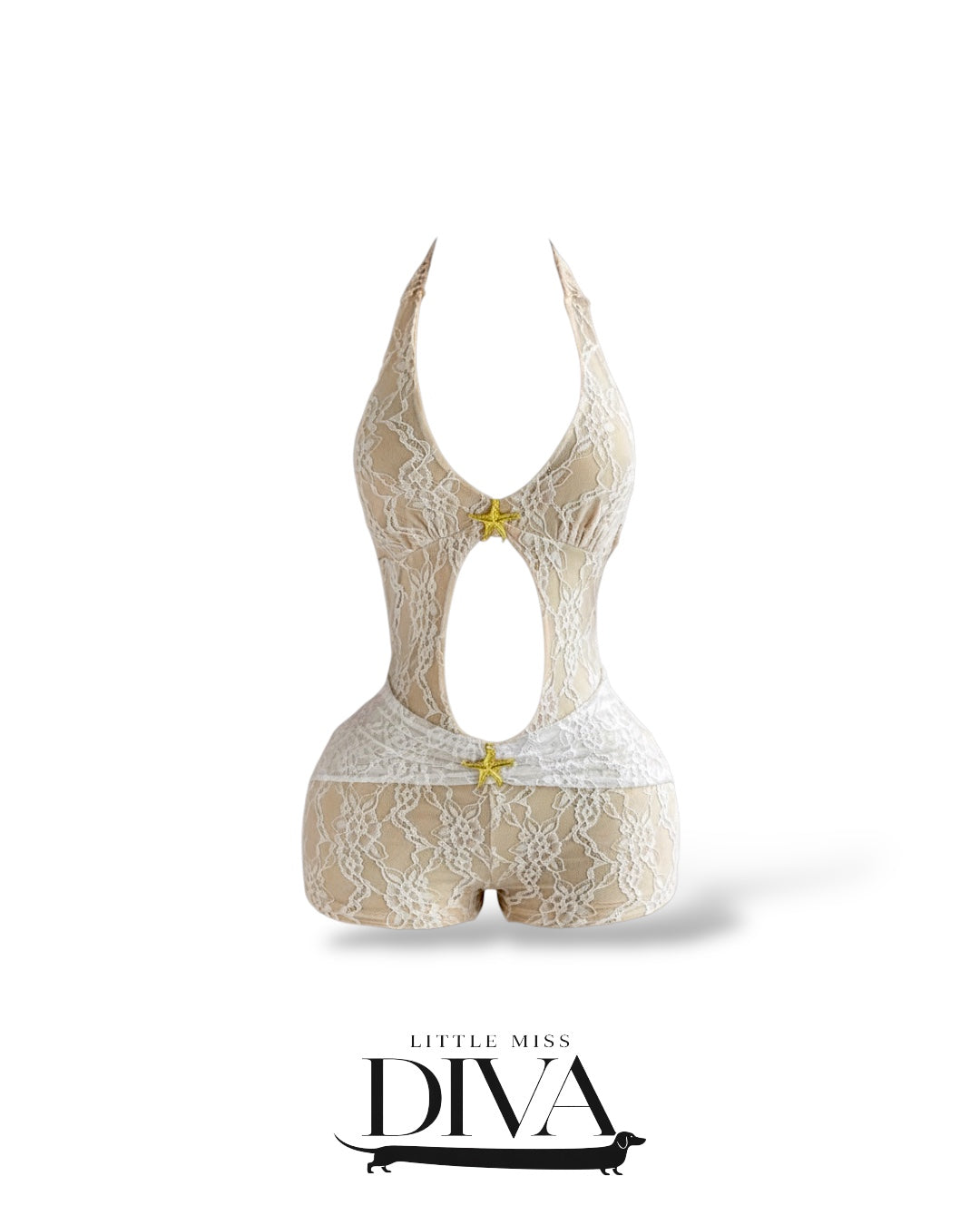 Lace halter romper with front cutout, center details and fitted silhouette