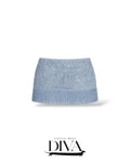 Light blue embellished fringe mini skirt with beaded detailing