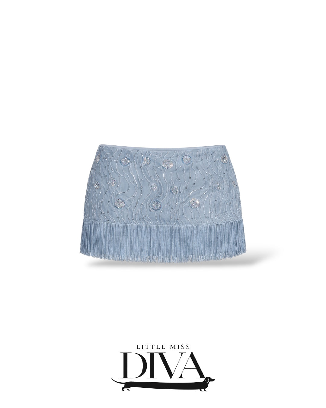 Light blue embellished fringe mini skirt with beaded detailing
