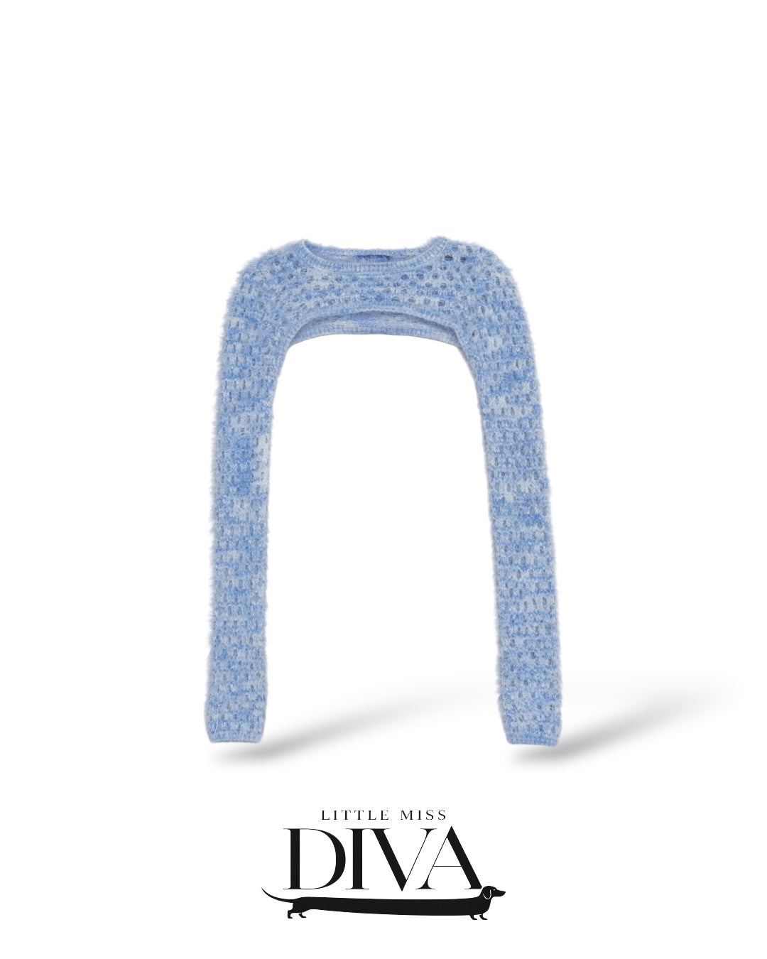 Blue fuzzy knit shrug top with long sleeves and open front