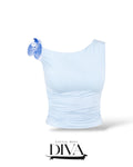 Light blue one shoulder ruched top with floral shoulder detail for birthday and cocktail party outfits.