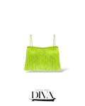 Lime fringe crop top with spaghetti straps and long fringe detailing