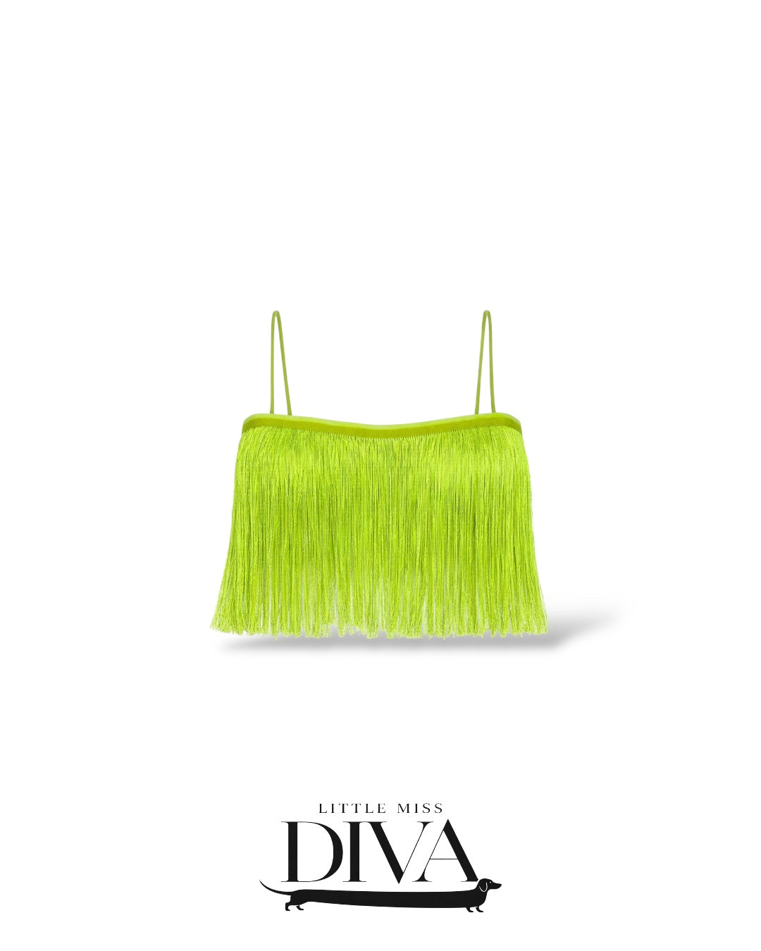 Lime fringe crop top with spaghetti straps and long fringe detailing