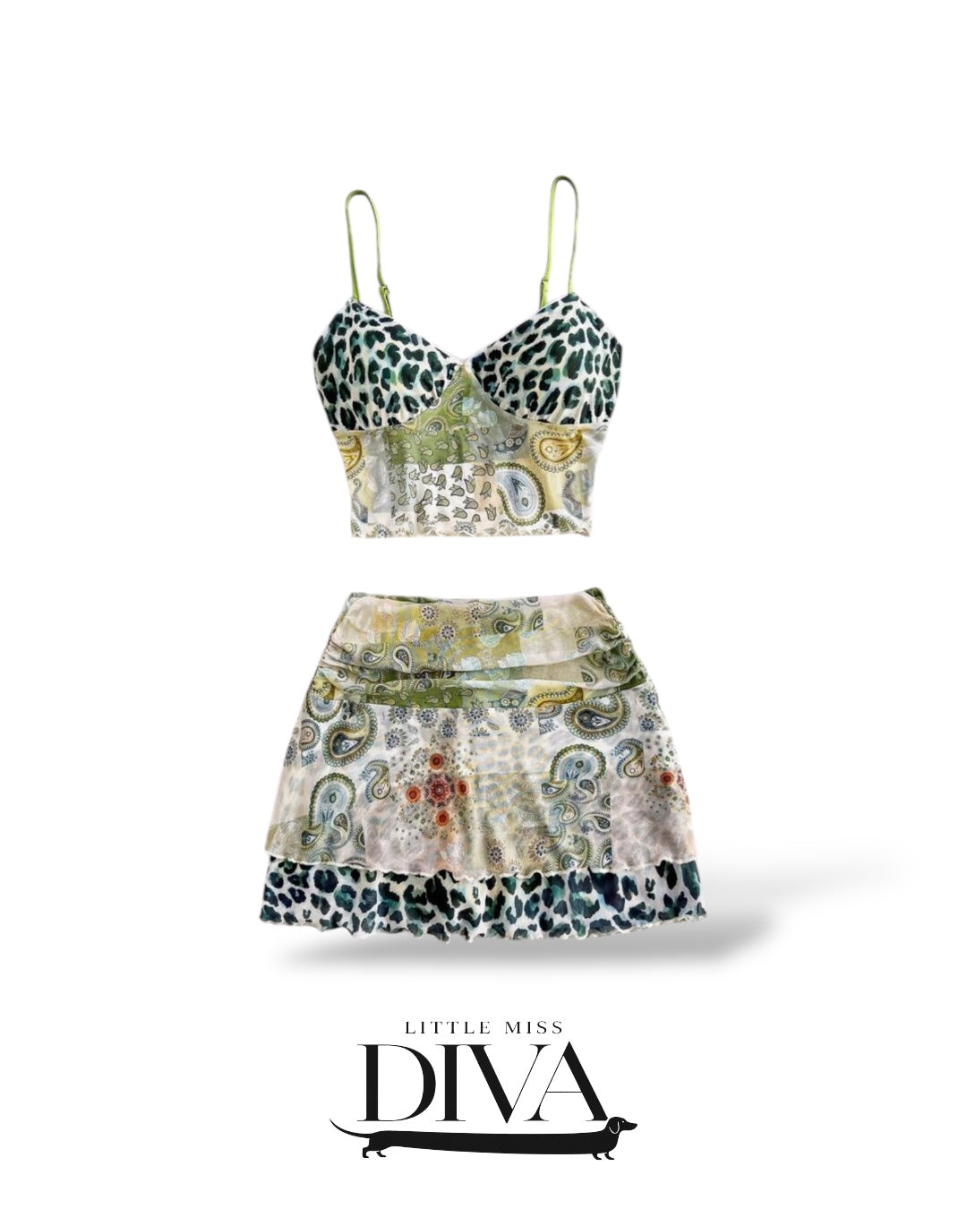 Mixed print two-piece set featuring leopard print bustier top and paisley mini skirt with layered hem