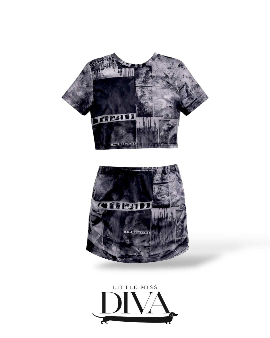 Black and gray abstract print two-piece set featuring cropped short-sleeve top and matching mini skirt