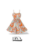 Abstract print mini dress with ruffle hem and drawstring waist
