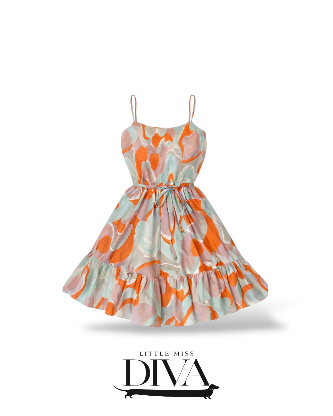 Abstract print mini dress with ruffle hem and drawstring waist
