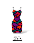 Multicolor geometric bodycon mini dress with spaghetti straps