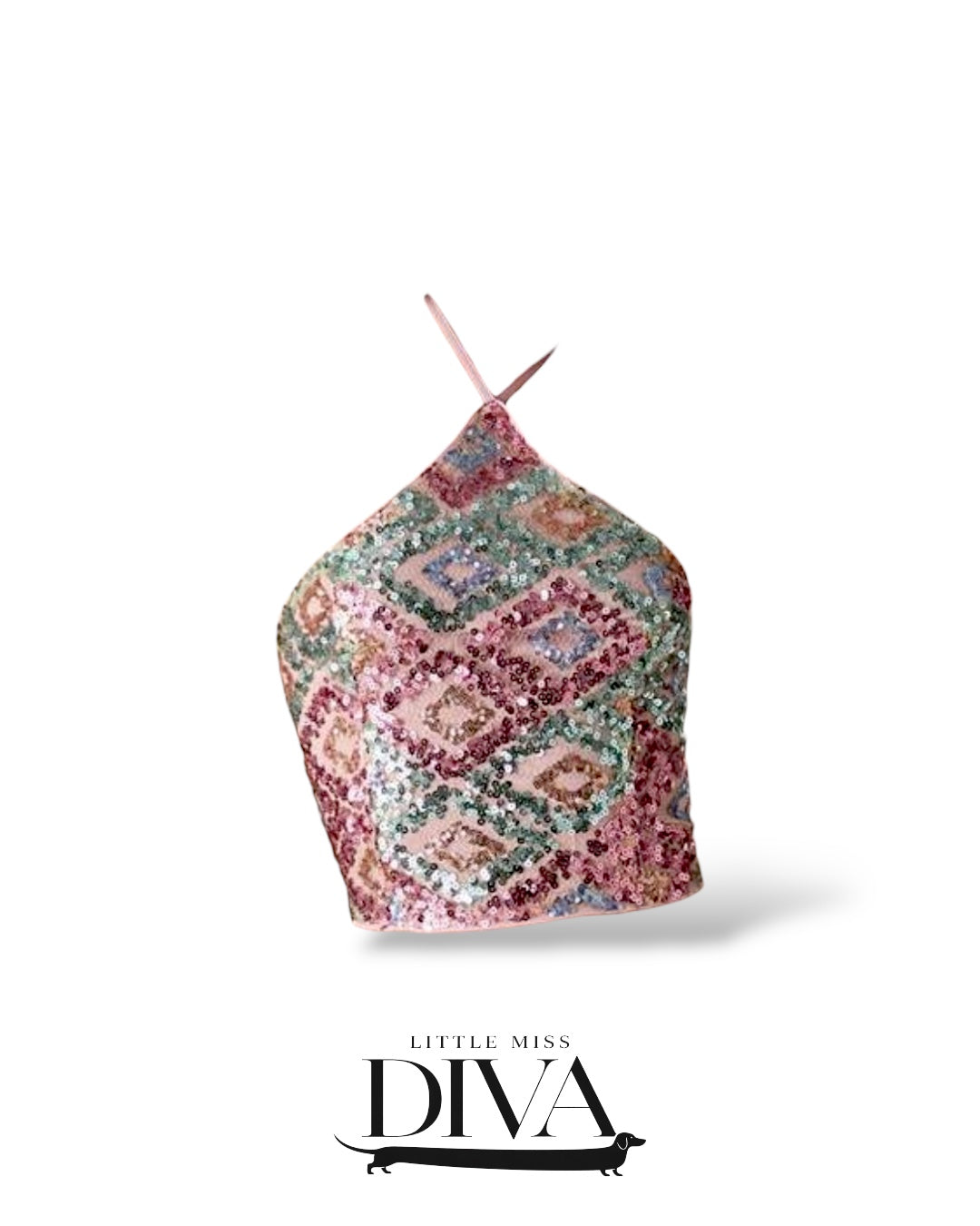 Multicolor sequin halter top with geometric pattern and fitted silhouette