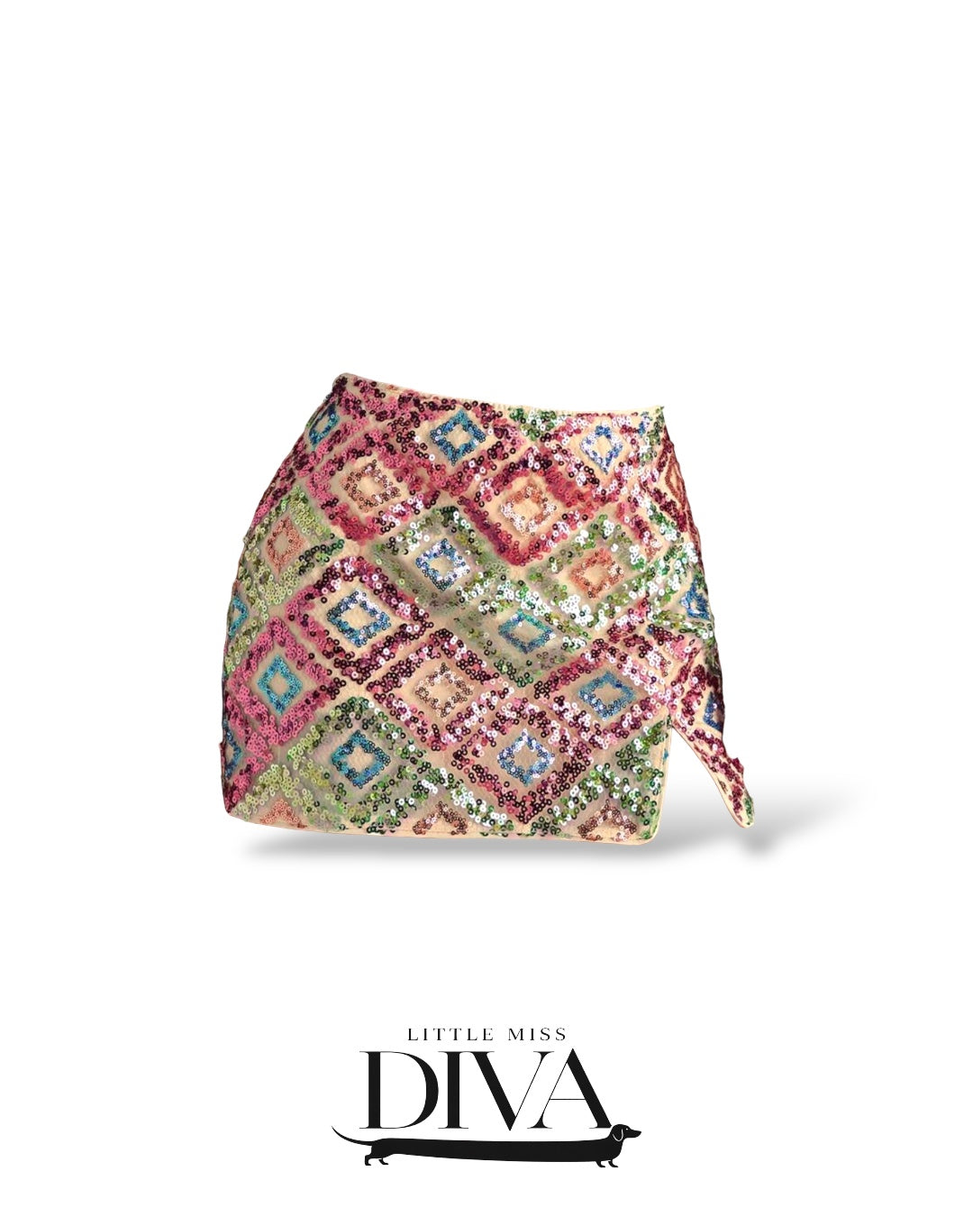 Multicolor sequin mini skirt with geometric pattern and fitted silhouette