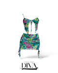 Multicolor tie-dye two-piece set featuring tie-front crop top and ruched mini skirt with side ties