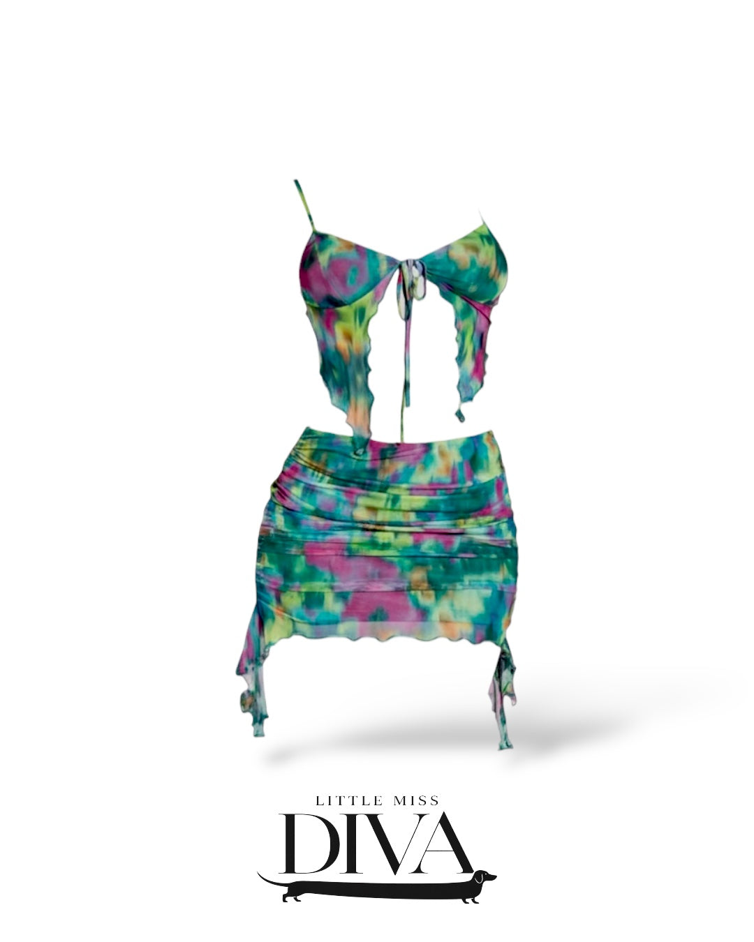Multicolor tie-dye two-piece set featuring tie-front crop top and ruched mini skirt with side ties