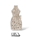 Speckled halter mini dress with side tie detail and fitted silhouette