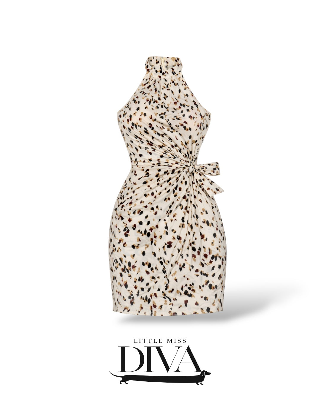 Speckled halter mini dress with side tie detail and fitted silhouette