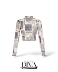 Newspaper print mesh long sleeve crop top with high neckline and fitted silhouette for concert and birthday outfits.