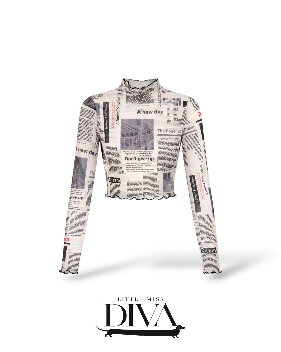 Newspaper print mesh long sleeve crop top with high neckline and fitted silhouette for concert and birthday outfits.