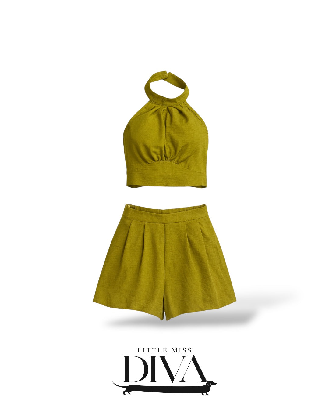 Olive green halter crop top and high-waisted shorts set with structured fit and minimalist silhouette