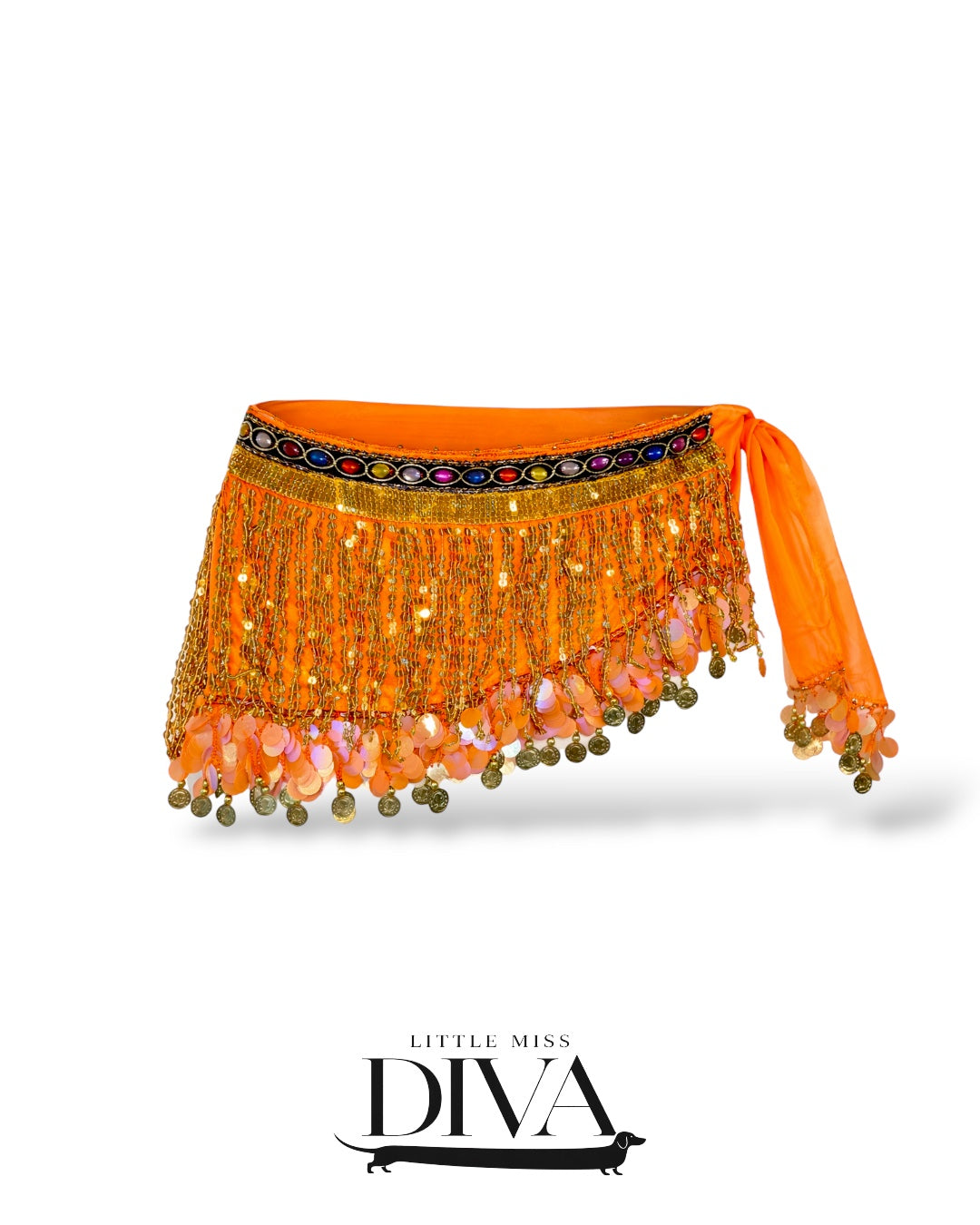 Orange wrap skirt with gold coin fringe and beaded detailing