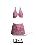Pink abstract swirl print two-piece set featuring halter crop top with center ring and matching mini skirt
