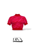 Pink zebra print knit crop top with short sleeves and mock neck